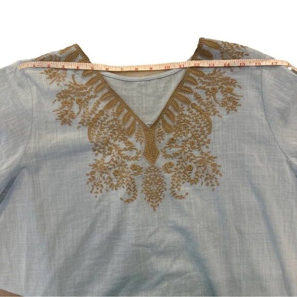 Blue Boho Embroidered Balloon Sleeve V-Neck Top 100% Cotton sz L - Picture 11 of 11